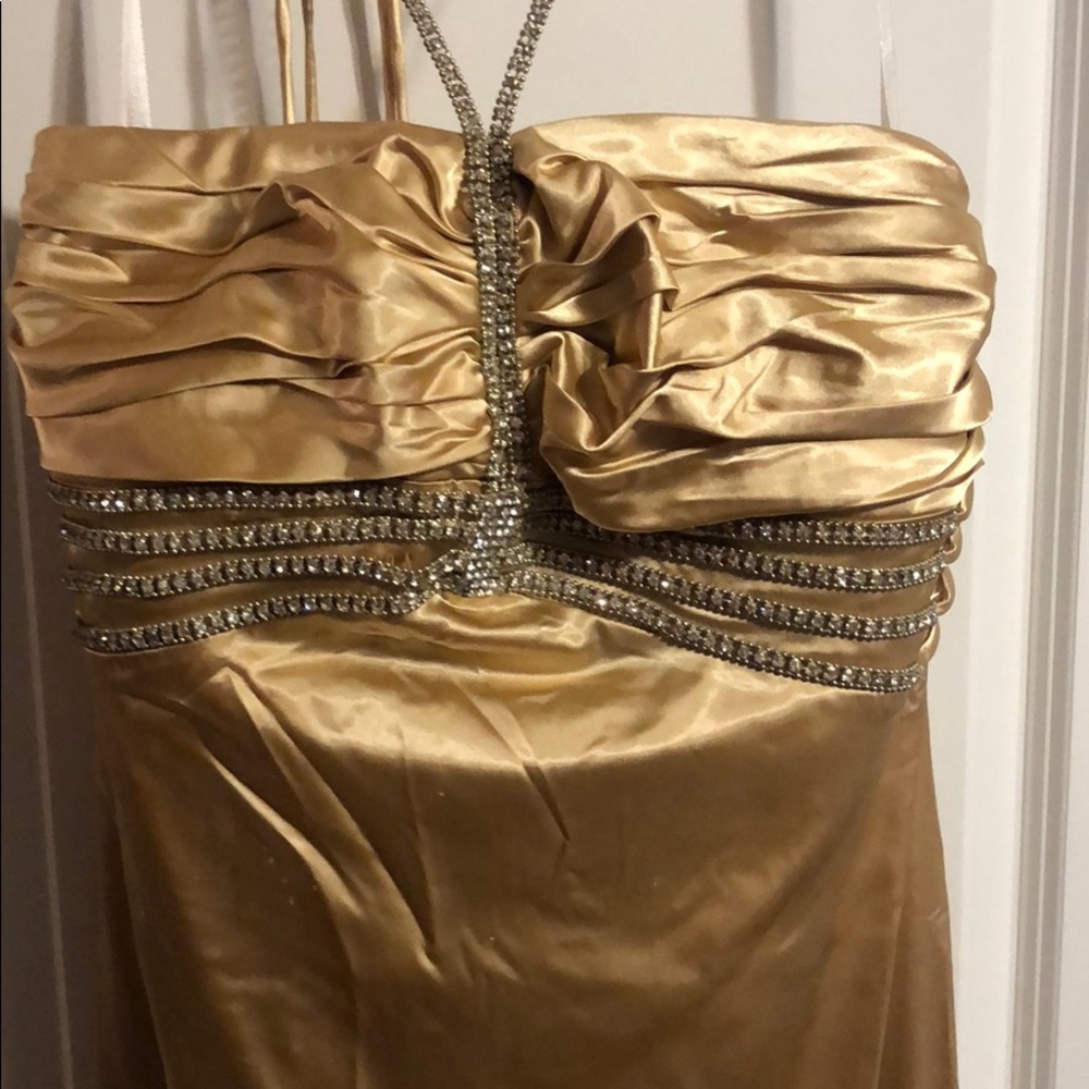 Prom Gold and strapless night gown.